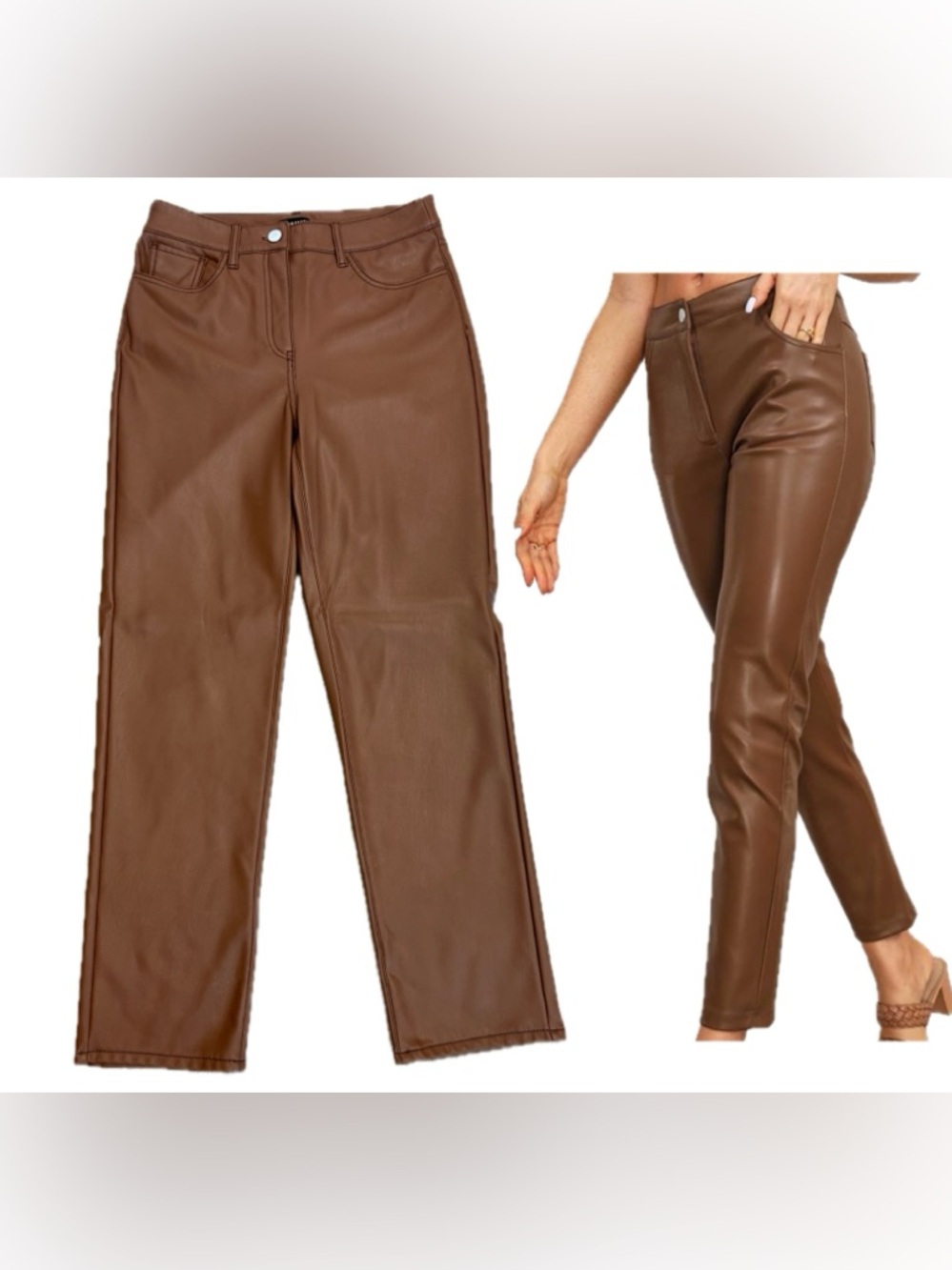 Reitmans Signature Pant cognac brown high-rise straight-leg vegan leather Sz 8